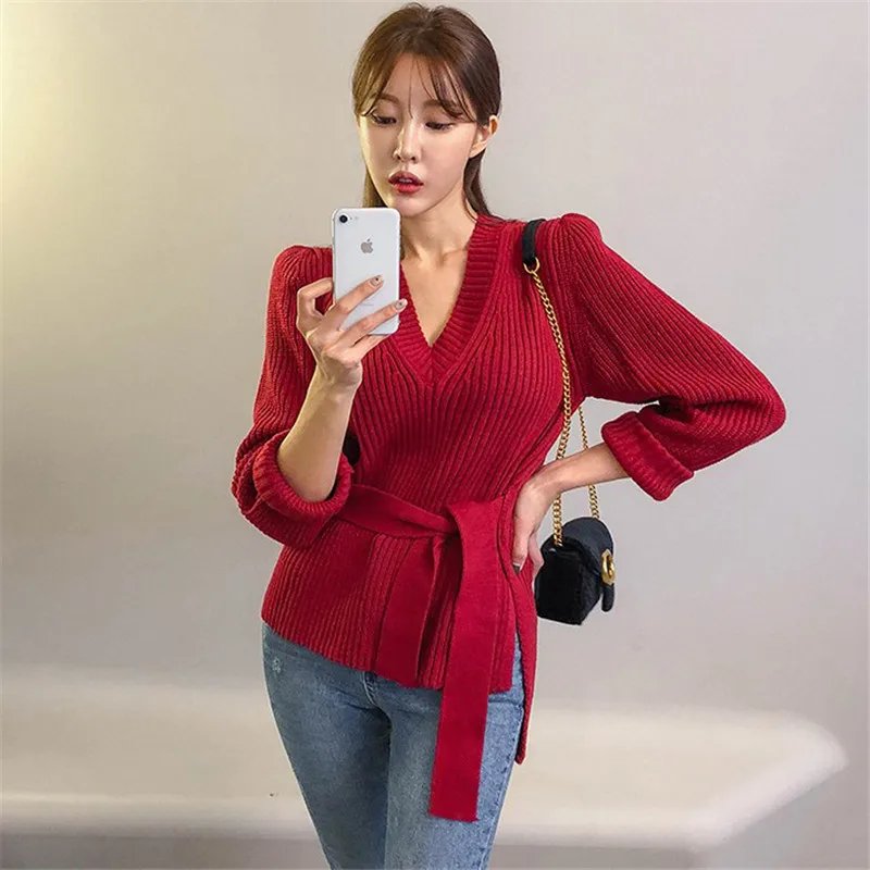 solid lace up sweater pullover v neck long sleeve casual knitted clothing autumn winter elastic warm knit pullovers P501 solid lace up sweater pullover v neck long sleeve casual knitted clothing autumn winter elastic warm knit pullovers P501