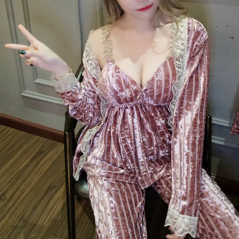 

4 pieces Gold Velvet Pajamas Set For Women Winter Spring Warm Ladies Sexy Lace Pink Pajama Sleepwear Sleeveless Strap Nightwear