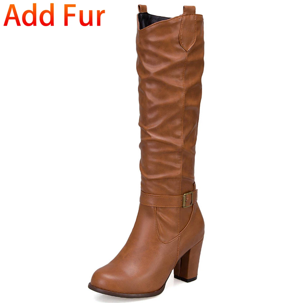 SARAIRIS Plus Size 33-48 Brand New Mid Calf Boots Ladies High Heels Belt Buckle Shoes Woman Casual Party Winter Boots Women - Цвет: tu huang se thickfur