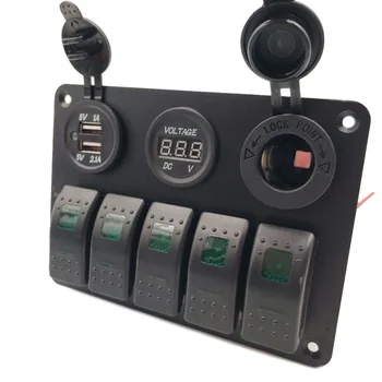 

5 Gang ON-OFF Toggle Switch Panel 2USB 12V For Marine RV Green Waterproof