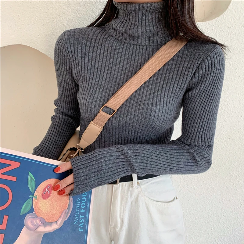 PULL,Pull tricoté à col roulé pour femmes, Pull basique, côtelé, fin, élastique avec trou au