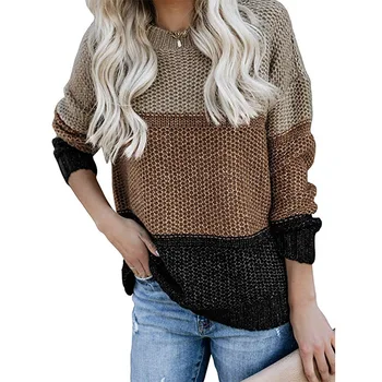 

Autumn and winter 2019 new European and American fashion stripe color matching women's thick thread sweater