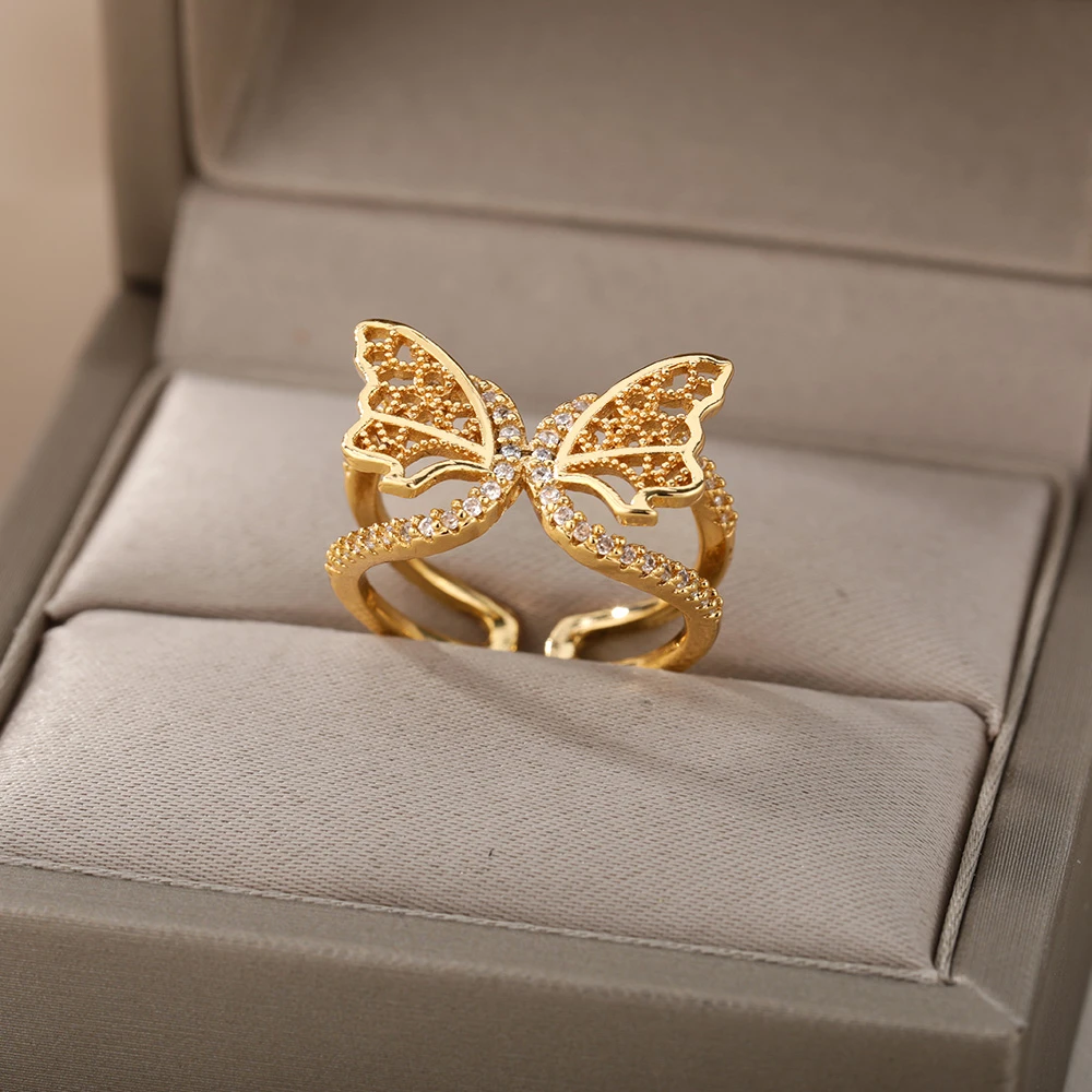 de mariposa de cristal para mujer, de acero inoxidable, dorado y plateado, de dedo, joyería de boda para pareja|Anillos| - AliExpress