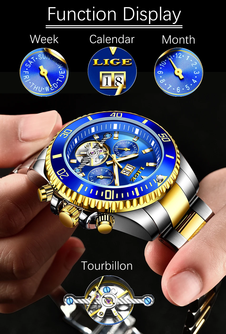 luxo tourbillon relógio mecânico todo o aço
