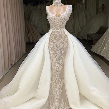 

Spring Luxury Beaded Sleeveless Vestido De Novia Mermaid Wedding Dress with Detachable Overskirt