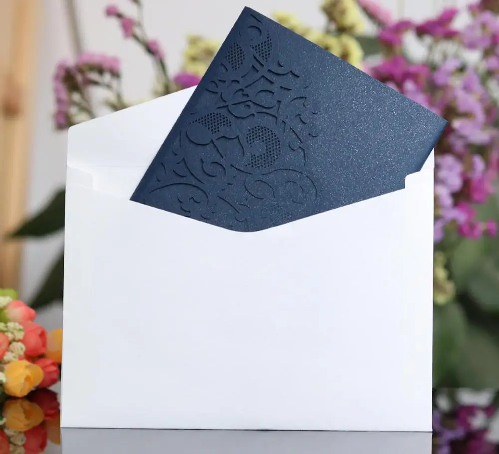  10pcs Blue Sample European Laser Cut Wedding Invitations Card Tri-Fold Lace Business Greeting Cards - 4000256936101