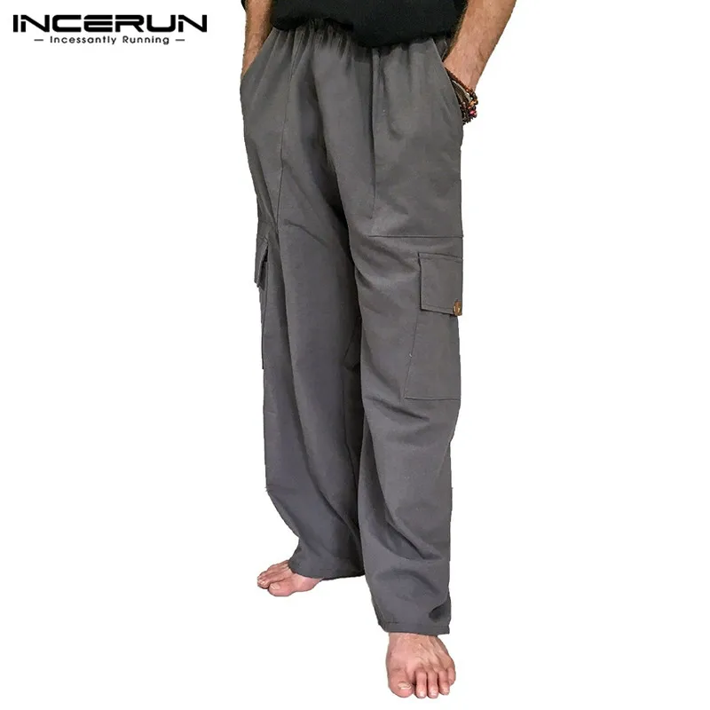 Брюки Для мужчин хип-хоп, однотонные штаны с карманами джоггеры хлопковая уличная одежда с эластичной резинкой на талии, Повседневное ретро брюки карго Для мужчин Pantalon INCERUN