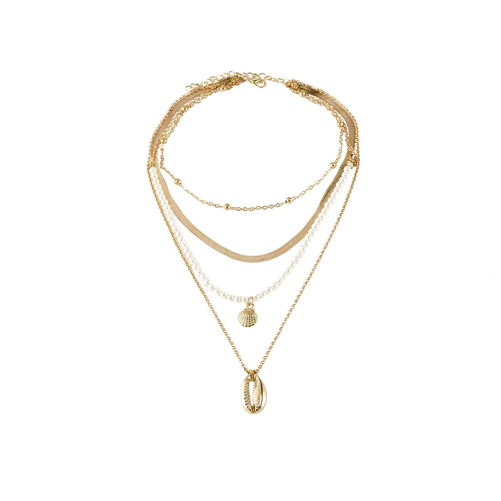 2025 Women Fashion Ladies' Bohe style pendant vintage multi-layer artificial pearl snake shell necklace, gold, gift jewelry_voghion.com