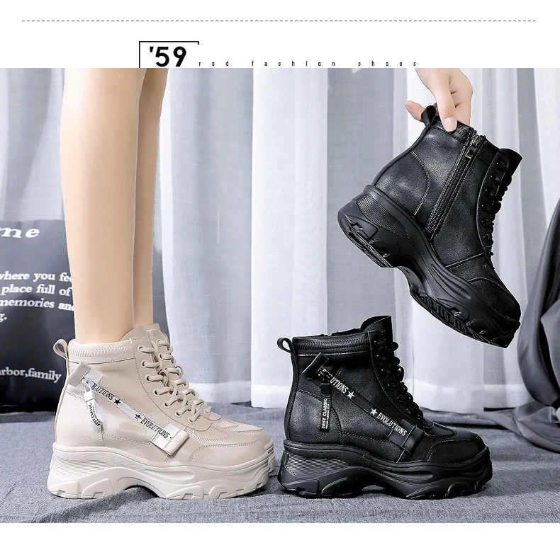 Женские зимние ботинки на толстой подошве; коллекция года; Ботинки Martin на шнуровке; женские ботильоны на молнии в стиле милитари; брендовая зимняя теплая обувь на платформе и танкетке