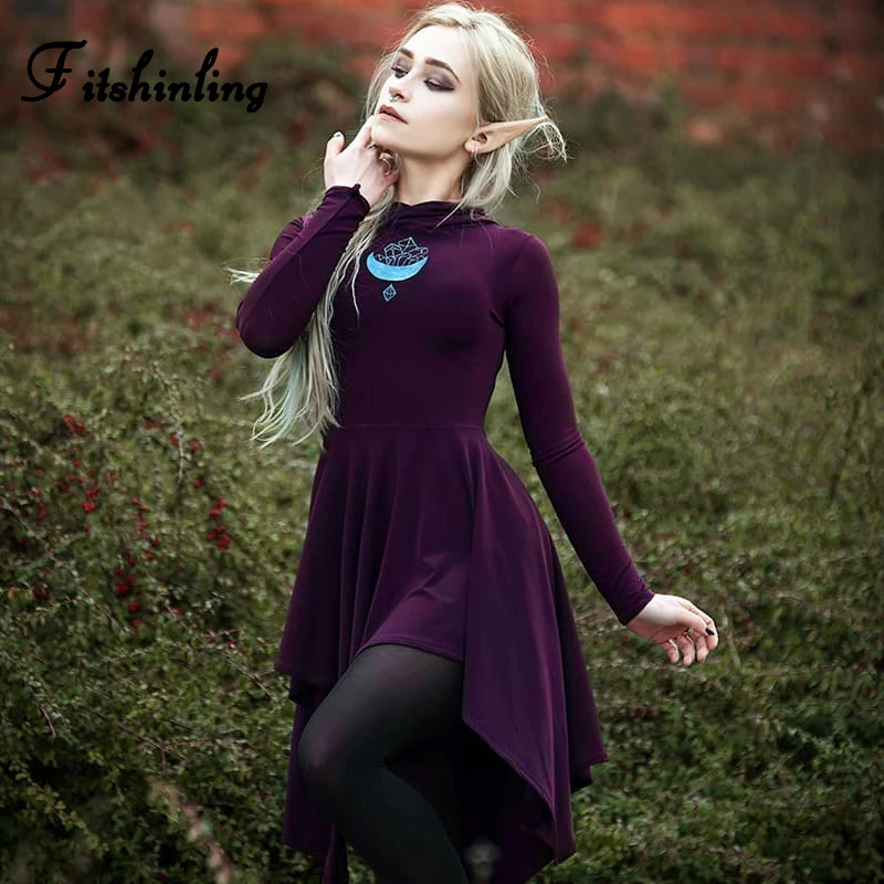 

Fitshinling Elf Print Irregular Dress Women Autumn Winter Gothic Hooded Vestidos De Festa Long Sleeve Purple Short Dresses Goth