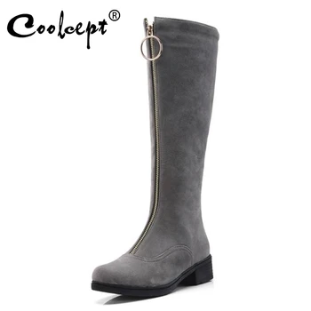 

Coolcept Size 33-43 Women Knee Boots Winter Warm Fur Buckle Zipper High Heel Boots Fashion Concise Shoes Women Footwear