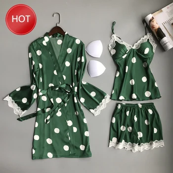 

2020 NEW 3 PCS Women's Pajamas Set Polka Dot Lace Sexy Robe Nightwear Strap Sling Shorts Spring Summer Sleepwear Homewear