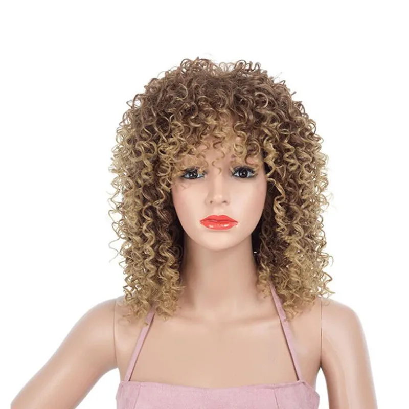 Hywamply-pelucas de cabello sintético con flequillo para mujer, pelo Afro rizado de 18 , rubio marrón, degradado