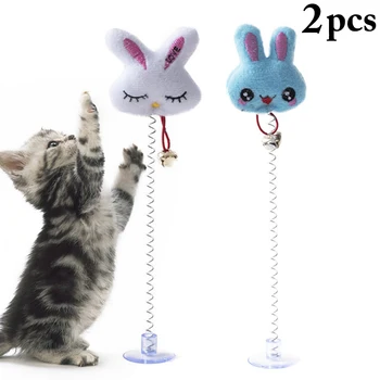 

2pcs Plastic Cat Interactive Toy With Bottom Sucker Elastic Spring Feather Plush False Rabbit Catnip Funny Pet Toys