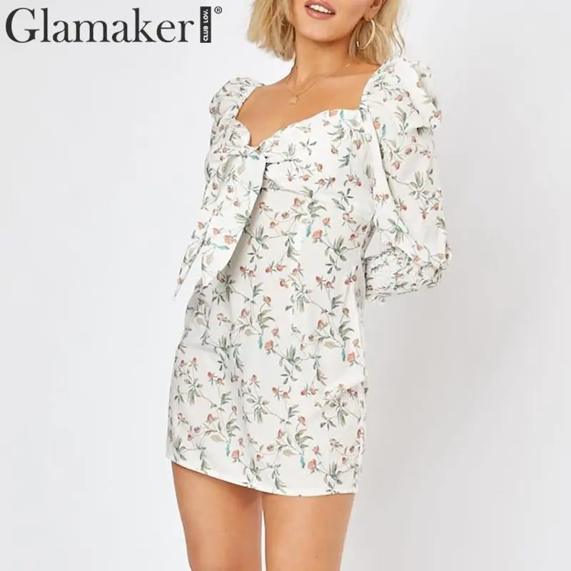 Glamaker, платье с пышными рукавами и цветочным принтом, Осеннее, квадратный воротник, галстук-бабочка, половина рукава, облегающее платье, женские, вечерние, базовые, шикарные, vestidos