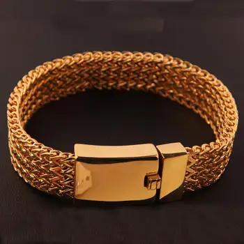 

New Bracelet Men Jewelry Jewellery Gifts For Him Mens Bracelets & Bangles Gold Color Stainless Steel Armband Wristband 15mm