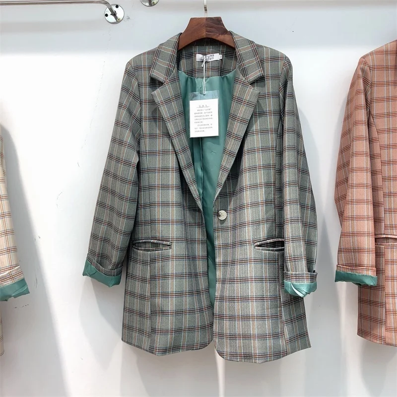 new autumn retro plaid suit collar jacket fashion color matching loose coat female
