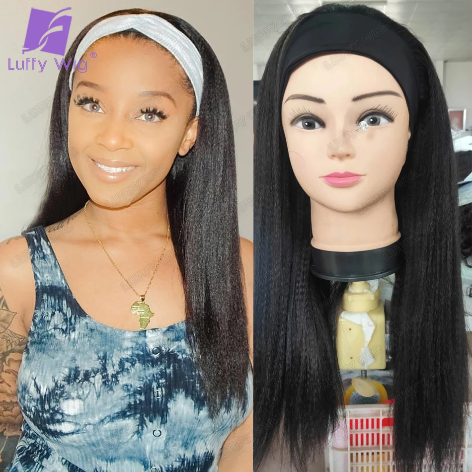 Italian Yaki Human Hair Wig For Women Yaki Straight Human Hair Headband Half Wig Remy Hair Machine Made Wig With Headband LUFFY