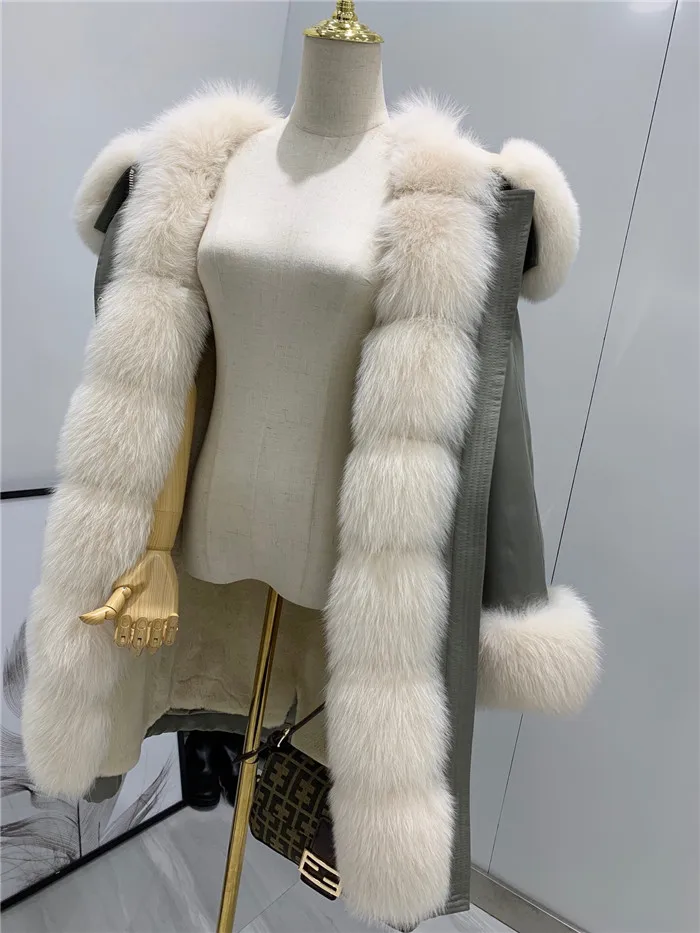Новая зимняя Длинная женская куртка с большим воротником из лисьего меха, парки с капюшоном, настоящая подкладка из кроличьего меха Рекс, плотное пальто