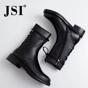 

JSI Winter Women Boots Round Toe Zip Mid-Calf Solid Genuine Leather Ladies Shoes Square Heel Med Heels Fashion Boots Women jo302