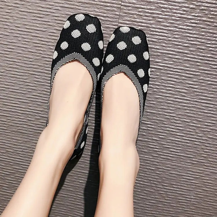 

2019 Spring And Summer Korean-style Square Head Low-Cut Knit Ethnic-Style Flat Top Shoes Single Shoes Ballet Shoes Polka Dot Sin