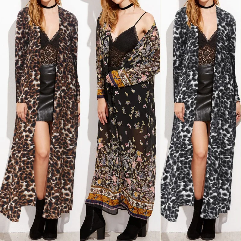 

Bohemian Print Kimono Cardigan Women's Summer Long Shirts Sexy Leopard Beach Kimono Cape Female Casual Open Front Coat Plus Size