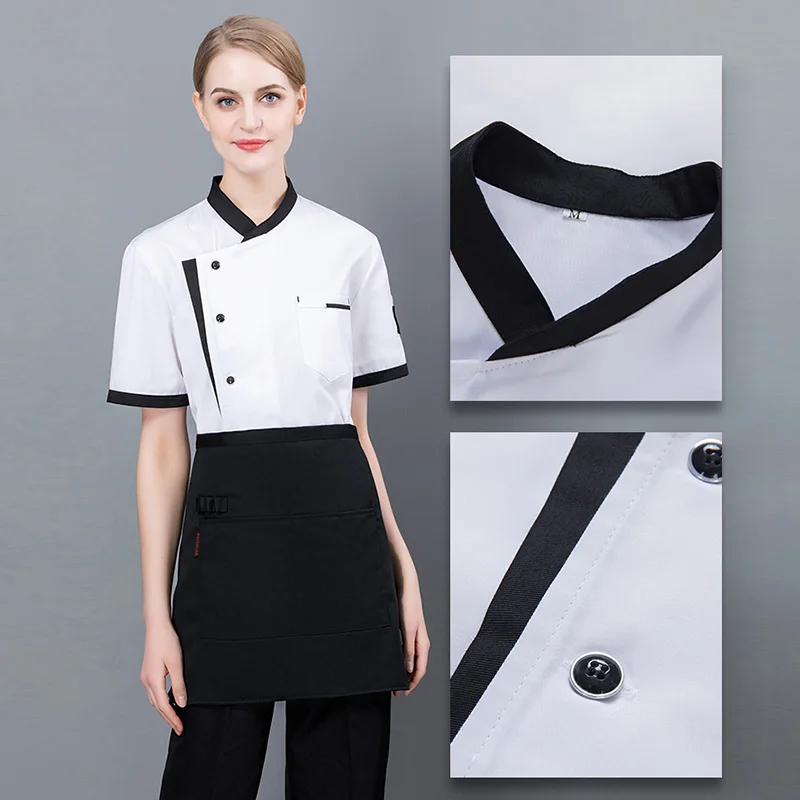 Unisex Restaurant Kitchen Chef Uniform Shirt Breathable short sleeves Chef Jacket+cap+apron works clothes for men Wholesale 2019