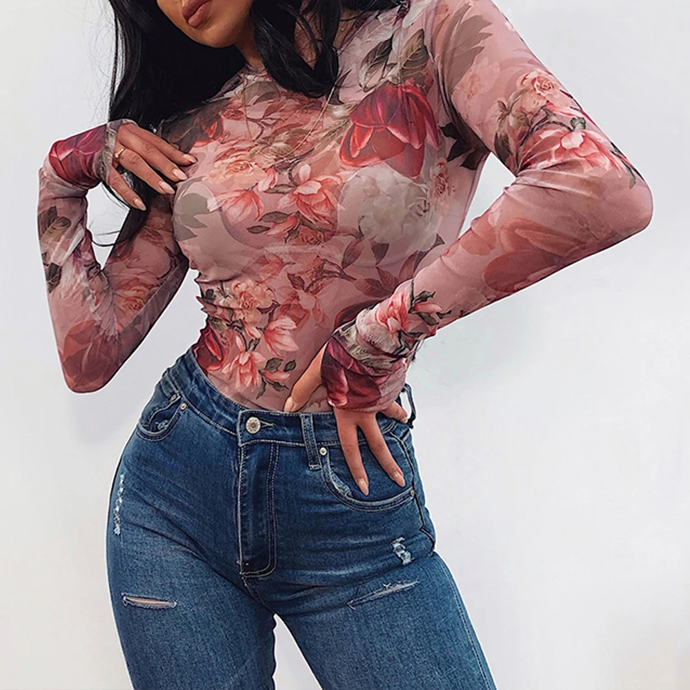 2020 Summer Ladies Slim Fit Leotard Jumpsuit Body T shirts Bodysuit Women Mesh Sheer Long Sleeve Floral Print Romper Skinny Tops