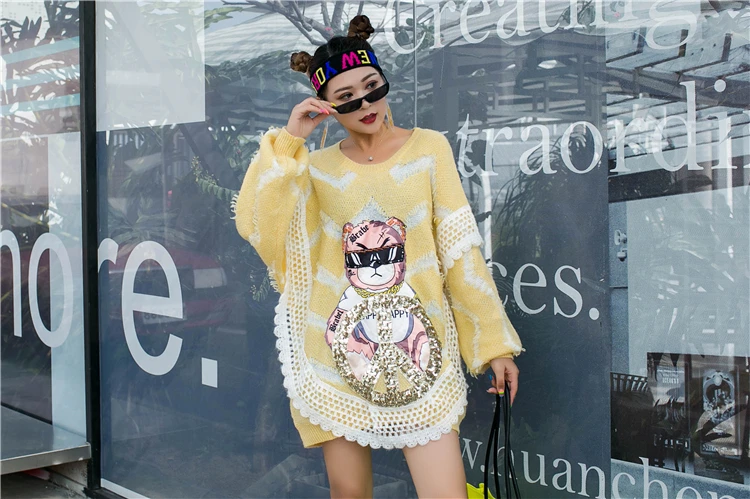 Европейская станция Тайланд tide бренд кружева рукав тяжелая работа блёстки принт мультяшного медведя свитер старение мода шик тонкий раздел