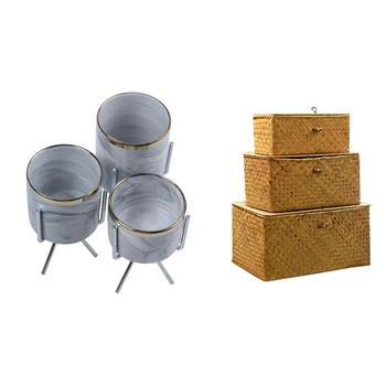 

1 Set Nordic Marble Pattern Vase Ceramic Iron Art Vase Pot & 1 Pcs Handmade Straw Woven Storage Basket