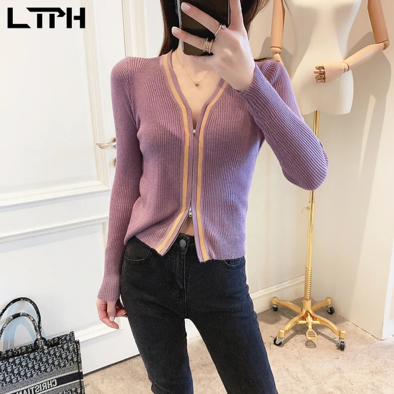 

LTPH 2020Autumn Winter sweater new arrival all-match Casual fashion hit color V-Neck zipper cardigan women long sleeves sweaters