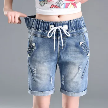 

Large size womens jeans cultivate one's morality straight stretch denim shorts fat mm fashion female trousers QNSAB1128