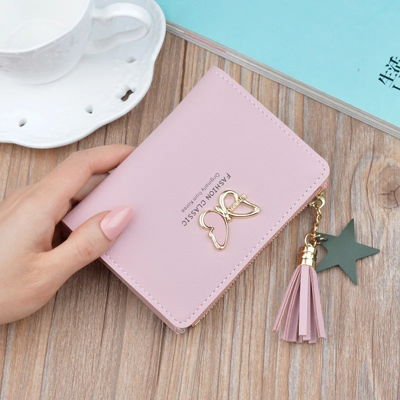 

New Style Women's Wallet Women's Short Butterfly Tassels Zipper Cute Purse Students xiao qian jia Leather Wallet Clutch Bag