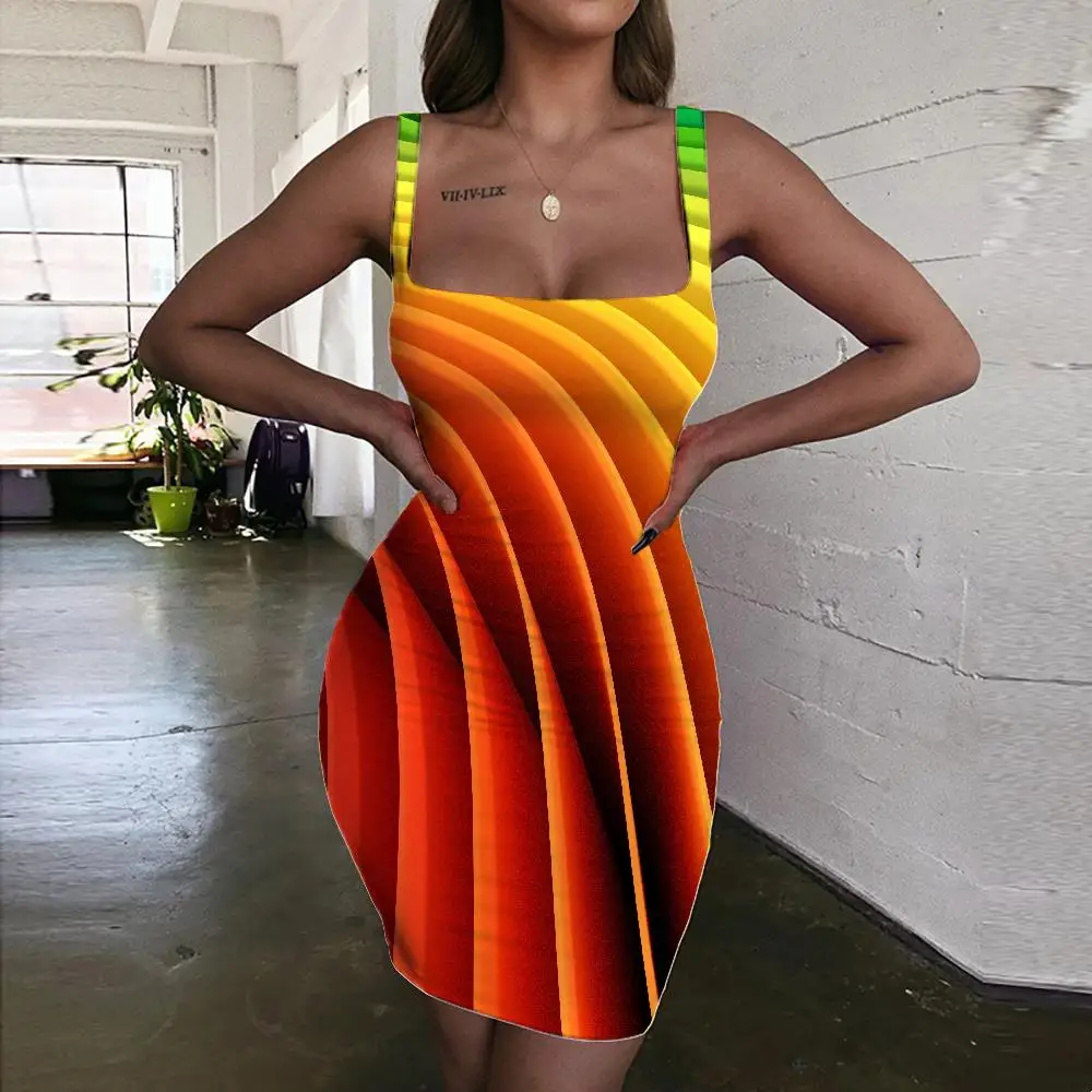 

KYKU Geometric Dresses Women Psychedelic Vestido Sexy Vortex Sundress Rainbow 3d Print Womens Clothing Party New Korean Style