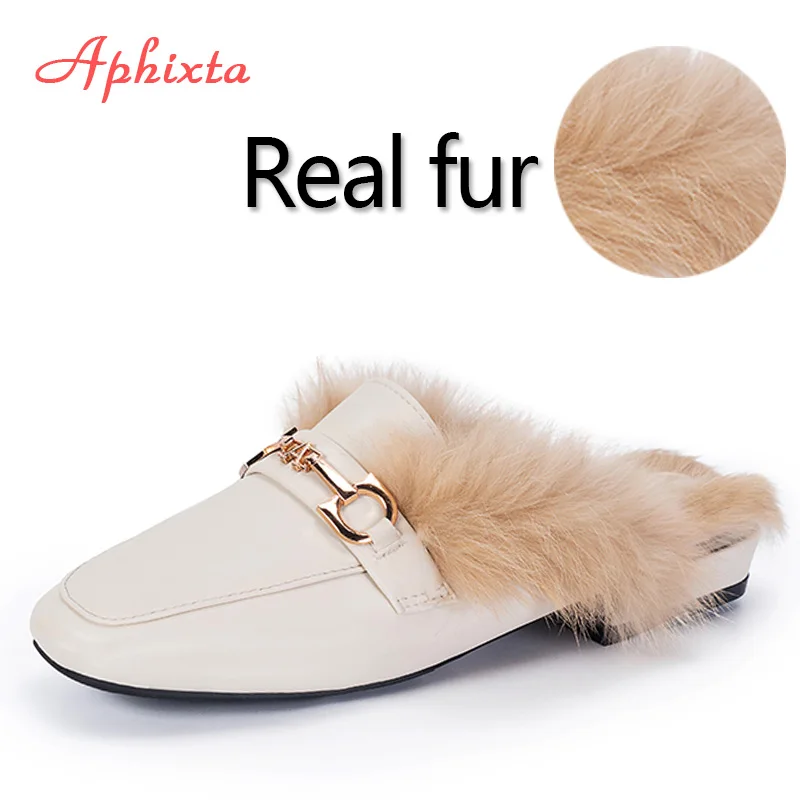 Beige-Fur Aphixta/Роскошная металлическая пряжка; тапочки из натурального кроличьего меха; женская обувь; теплые шлепанцы на квадратном каблуке с натуральным мехом; Mujer; большие размеры 34-43 - Цвет: Beige-Fur