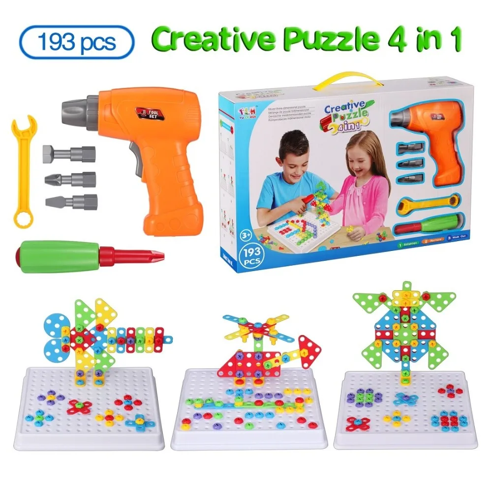 

3D Construction Sets for Kids Toy Drill Play Creative Educational Games Mosaic Design Building Toys Tool Set for Boy 3 Years Toy