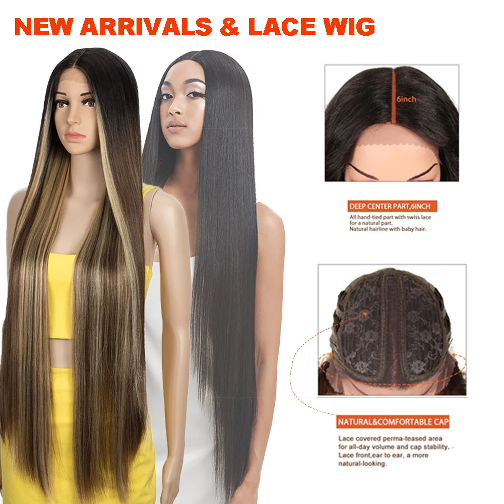 Noble Lace Wigs For Black Women Straight Wig Synthetic Lace Wig 38 Inch Ombre Blonde Lace Wig  Cosplay Synthetic Lace Wig