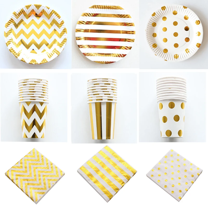 

Birthday Party Decorations Gold Stripe series Kids Adult Wedding Party Supplies Disposable Tableware Paper Plates Cups Straws