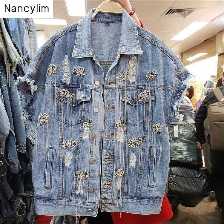 

Spring Autumn New Heavy Chain Diamond Single-row Button Denim Vest Jacket Women Female Trendy Jean Coat Student Loose Streetwear