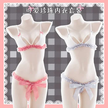 

Soft Girl Lovely Underwear Set Cute Bikini Bow Ruffles Pearl Bra & Panties Set Sweet Lolita Cosplay Sexy Women's Lingerie Suit