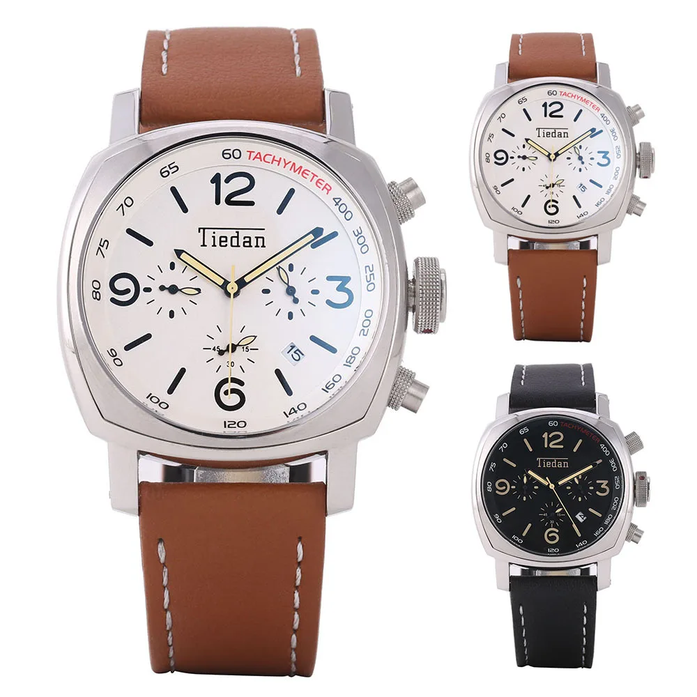 

Tiedan Hours Measuring Three Small Dial with Calendar Leather Belt Quartz Leather Strap Watch