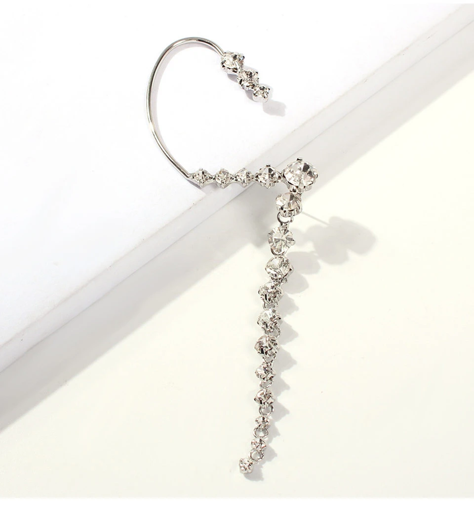 Jouval Fashion Crystal Long Chain Ear Cuff Pearl Tassel Clip On Earrings For Women Boho No Piercing Female Jewelry Brinco Bijoux
