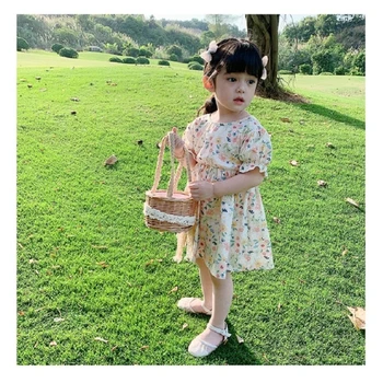 

New Floral Summer Children Dress Cotton Party Princess Girl Baby Skirt Backless Fashion Bubble Sleeve Flower Kid Dresses 1-6 Age