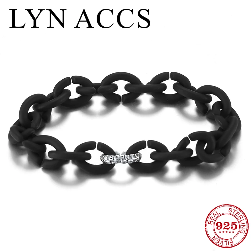 

Round 925 Sterling Silver Charm Letter Bead Chain Bracelets Black Hard Rubber X Bracelet for Women Fine Jewelry Wholesale Gift