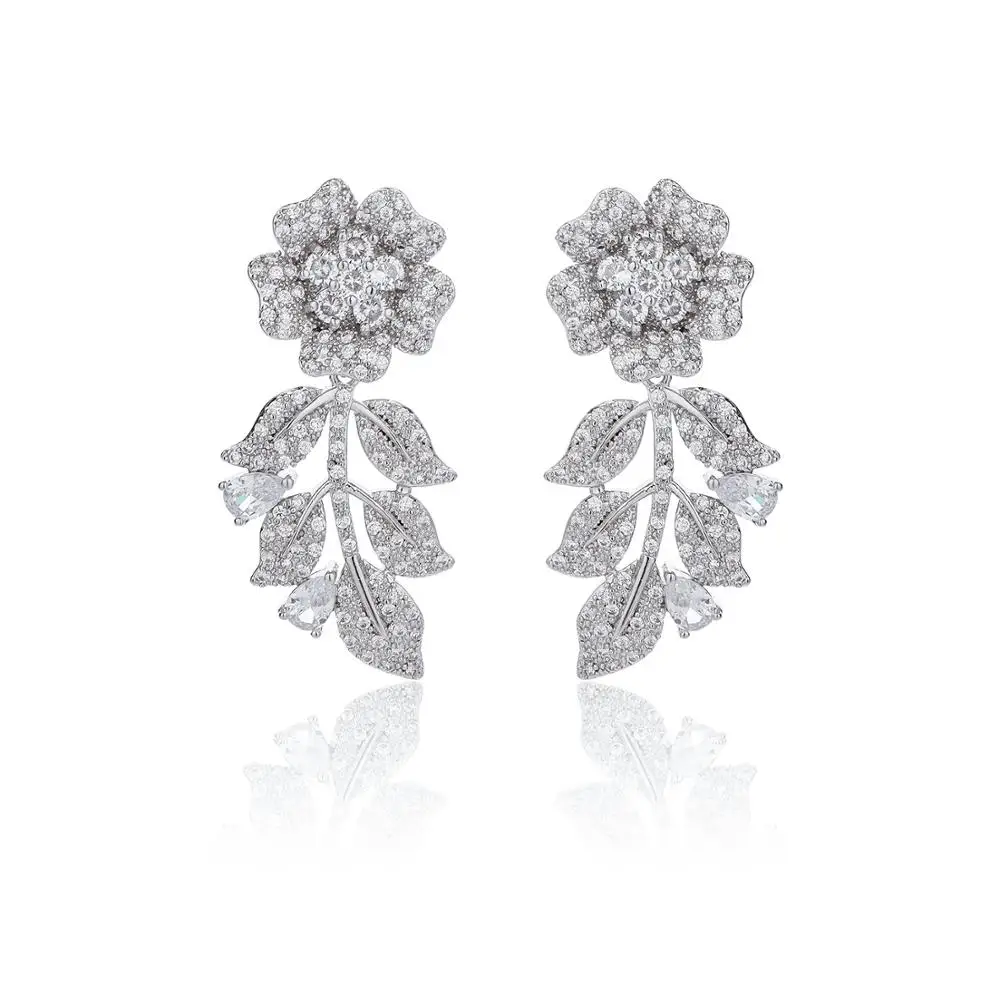 Cubic Zircon Flower Earrings for Wedding, Crystals Dangle Earring for Bride, Women Girl Gift CE11248