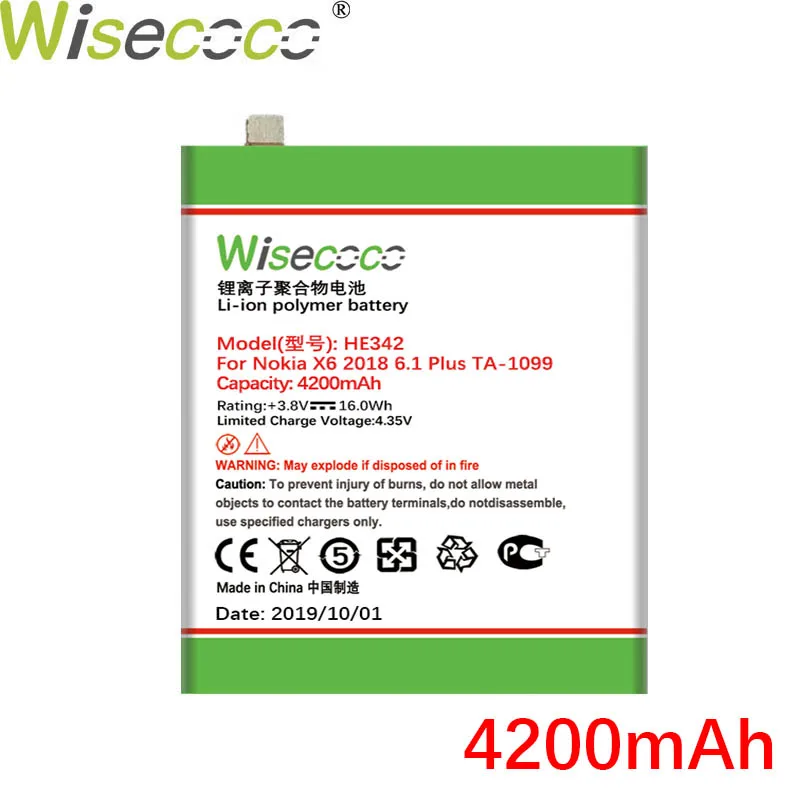 Wisecoco HE342 4200 мАч мощный аккумулятор для Nokia X6 6,1 Plus TA-1099 Замена аккумулятора телефона+ номер отслеживания