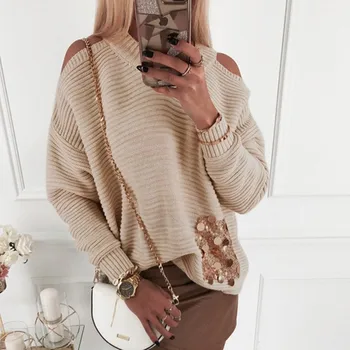 

Women Chic Fashion Sweater Off Shoulder O-neck Long sleeve Sequin Beautiful Sweater Hot Women Top