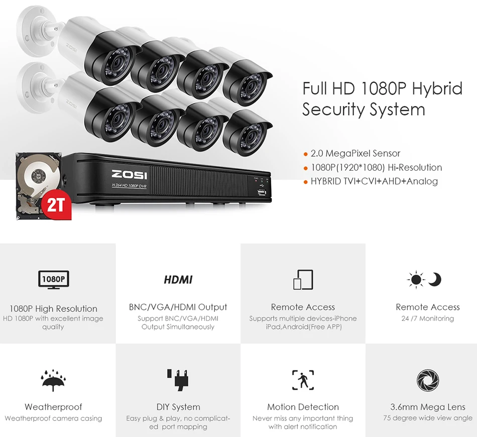 ZOSI HD 2MP видео система наблюдения CCTV 8CH Full HD 1080 P камера HD TVI dvr комплект 8*1080 P Открытый безопасности камера системы