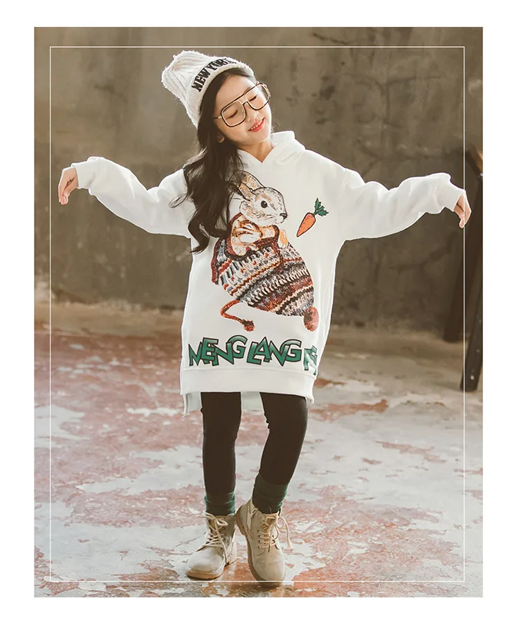 Детские толстовки с капюшоном для девочек зимние теплые пуловеры из плотного бархата, топы с рисунками, Корейская одежда для подростков 10, 12, 14, 16 лет