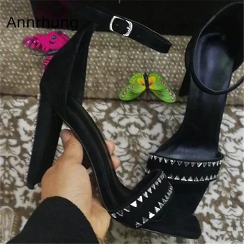 

Shark Teeth Pattern Rhinestone Sandals Women Unique Hoof Heel Ankle Strap One-strap Cover Heels Crystal Party Shoes Woman